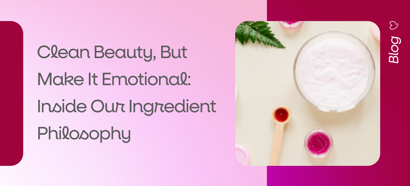 Clean beauty skincare ingredients, including a soft pink cream and natural extracts, illustrating our ingredient philosophy.