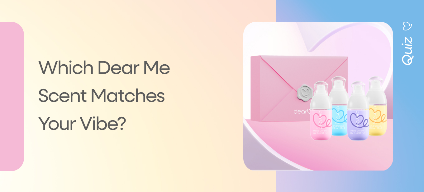 Dear Me scent collection displayed in pastel bottles next to a pink envelope, promoting the scent quiz