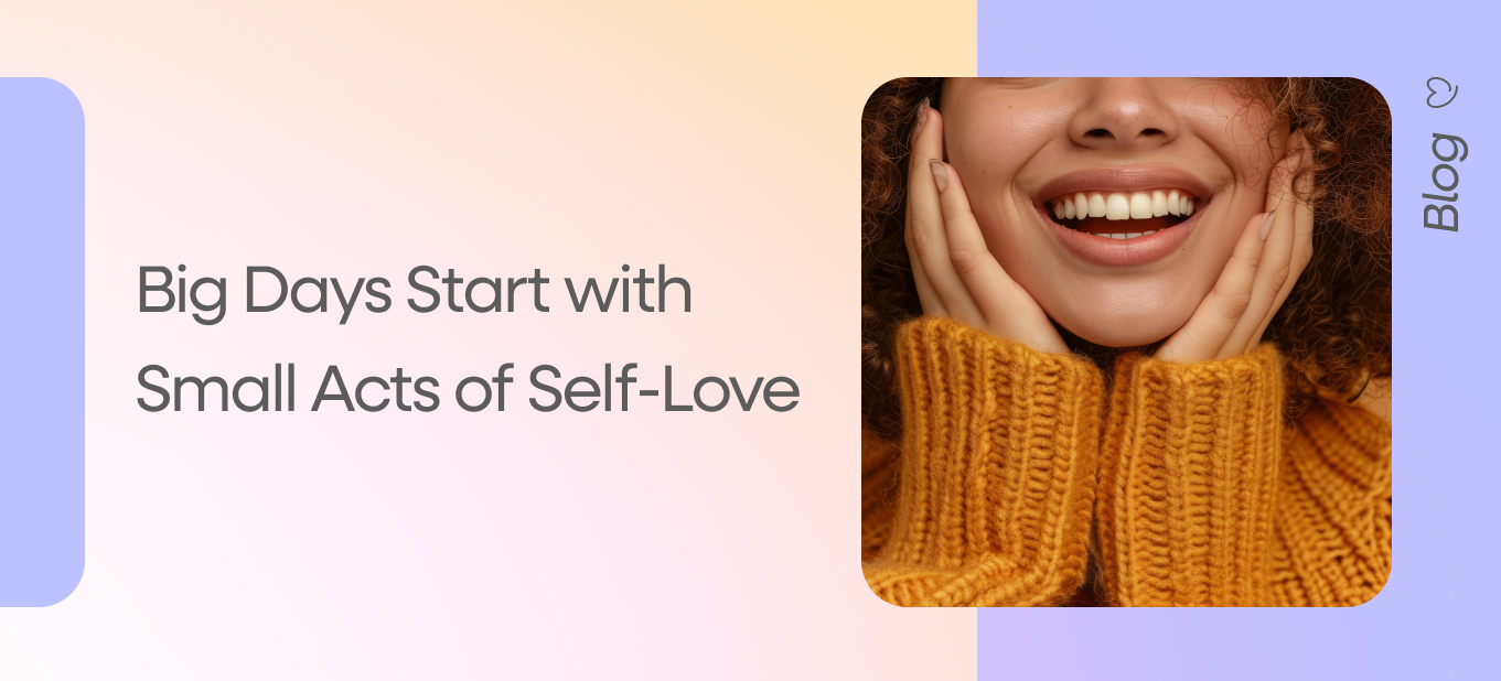 Smiling woman wearing a cozy mustard sweater, representing joy and confidence through small acts of self-love.
