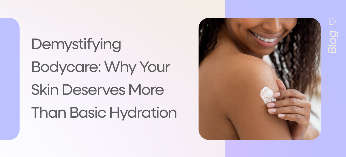 Smiling woman applying body lotion to her shoulder, representing nourishing bodycare beyond basic hydration