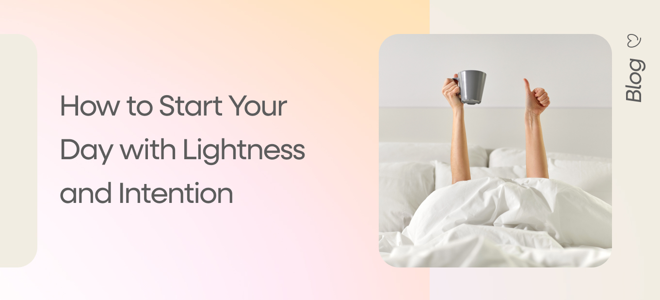 Person raising a coffee mug and giving a thumbs-up while still in bed, symbolizing a light and positive morning start.