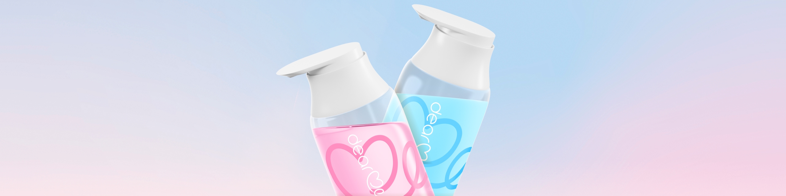 Dear Me Dream and Romantic body care bottles on a pastel pink and blue gradient background