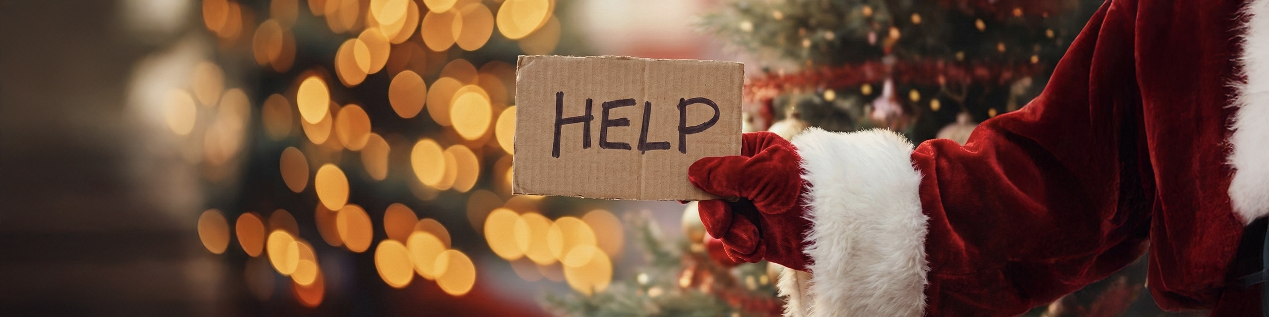 Cardboard sign with the word HELP held in front of a decorated Christmas tree on a pastel holiday-themed banner about surviving invasive questions at Christmas dinner.