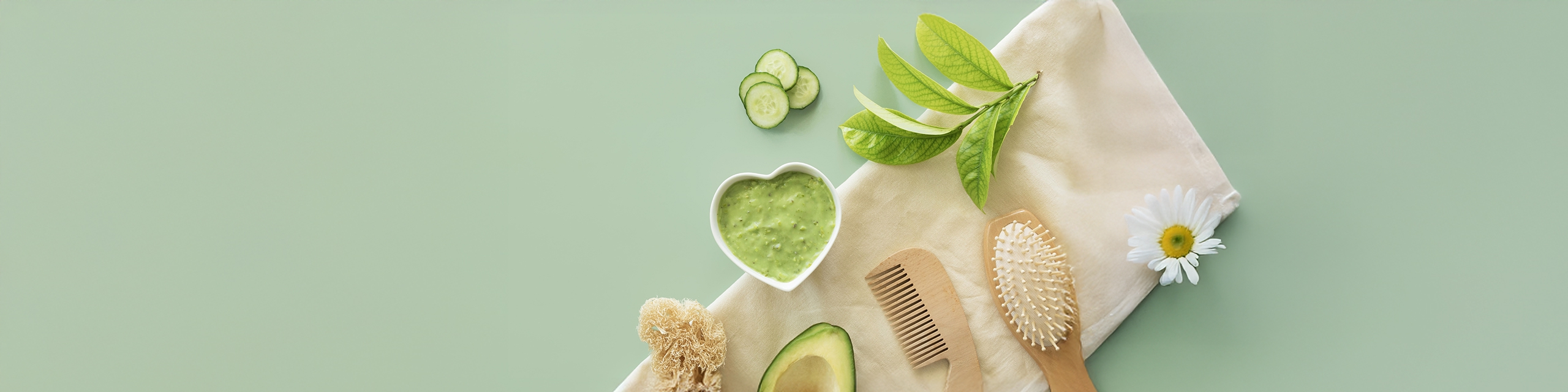 Flatlay of natural green beauty ingredients including avocado, face mask, skincare brush, and chamomile flower, representing clean and vegan beauty.