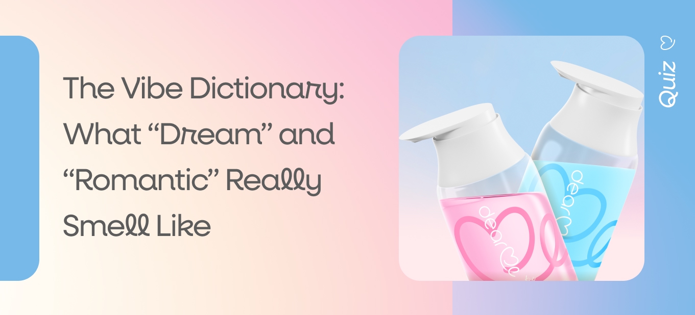 Dear Me Dream and Romantic body care bottles on a pastel pink and blue gradient banner promoting the fragrance vibe dictionary