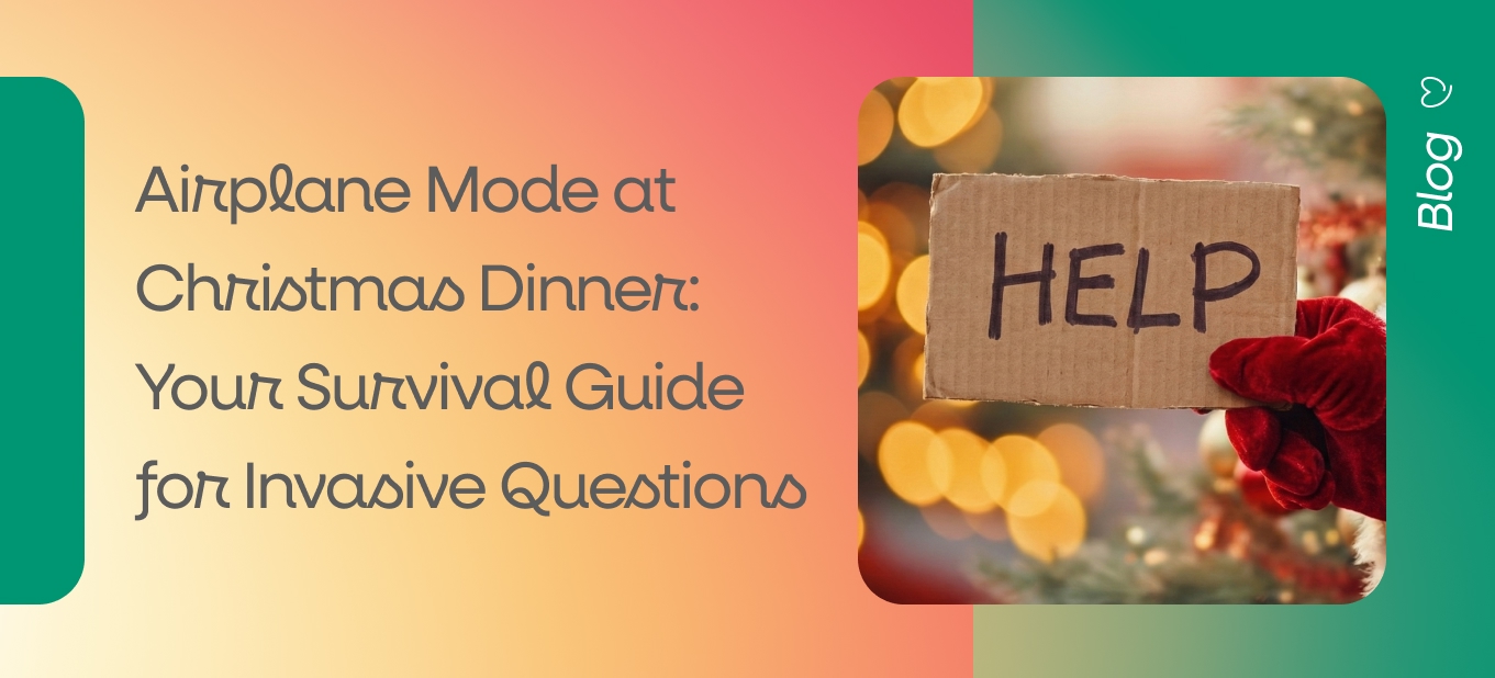 Santa Claus holding a cardboard sign that says HELP in front of a Christmas tree, representing holiday stress and invasive family questions