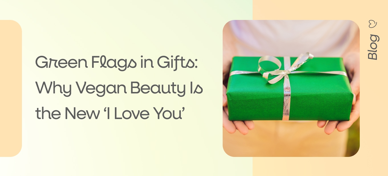 Hands holding a green gift box tied with a ribbon, symbolizing vegan beauty and ethical green-flag gifting.