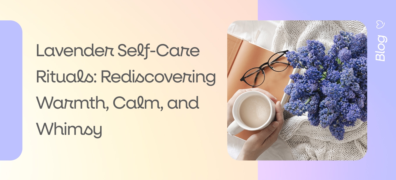 Lavender bouquet on a cozy bed with a cup of coffee, glasses, and a book, representing calming and whimsical lavender self-care rituals.