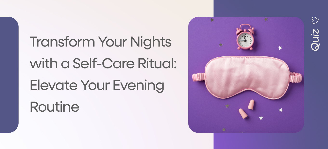 Pink sleep mask, earplugs, and a small alarm clock on a purple background, symbolizing a relaxing nighttime self-care routine