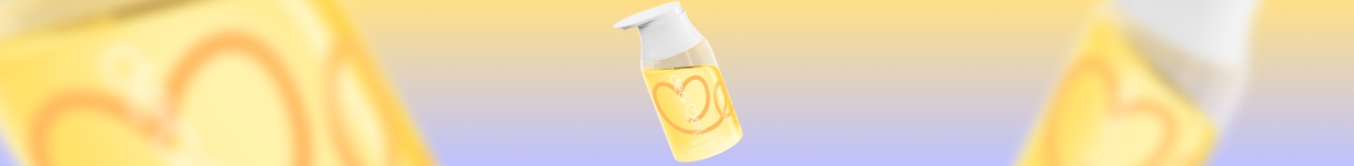 Dear Me Calm citrus fragrance bottle on a soft yellow to lavender gradient background.
