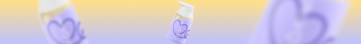 Dear Me Relax vanilla-berries fragrance bottle on a lavender and yellow gradient background