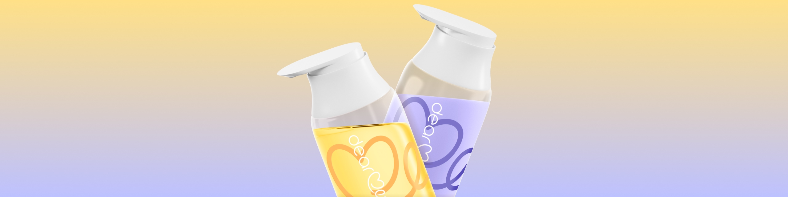 Dear Me Calm and Relax fragrance bottles on a yellow and lavender gradient background