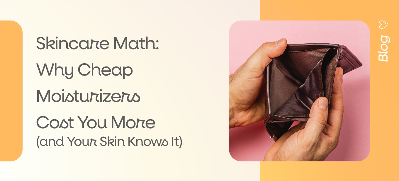 Hands holding an empty wallet against a pink background on the Skincare Math banner about why cheap moisturizers cost more