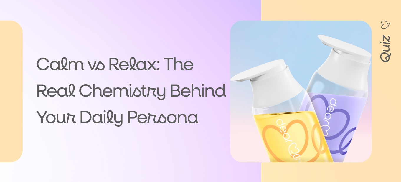 Dear Me Calm and Relax body care bottles on a pastel gradient banner for an article about the scent chemistry behind your daily persona